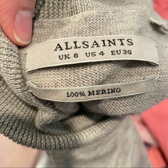 All Saints Grey Lightweight Cold Shoulder Turtleneck Sweater 4 Merino Wool - Picture 8 of 8